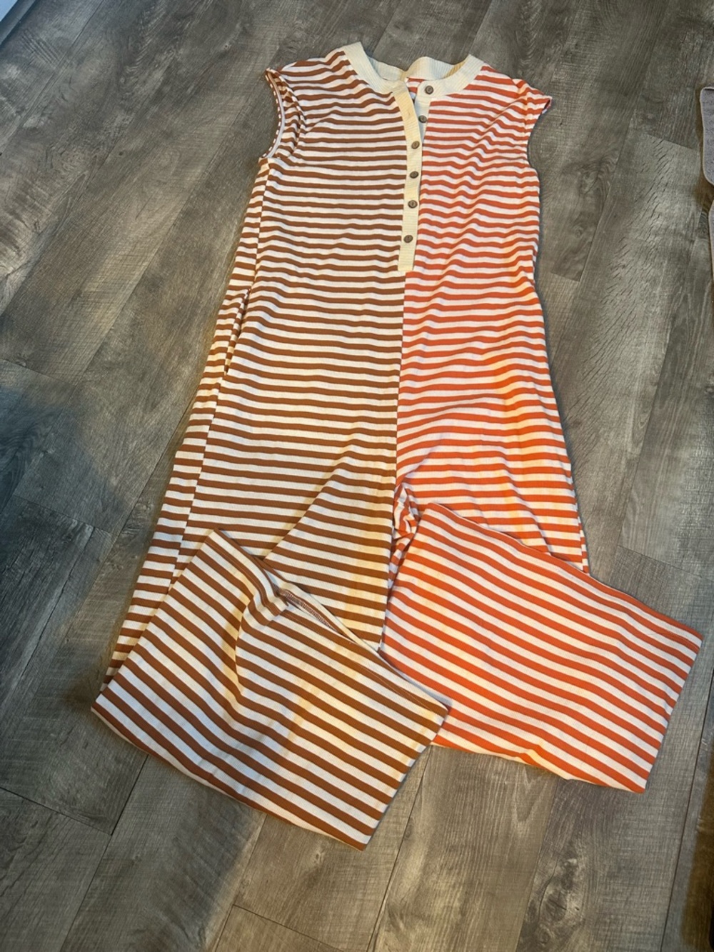 Striped Sleeveless Button-Front Jumpsuit in White & Orange/Brown